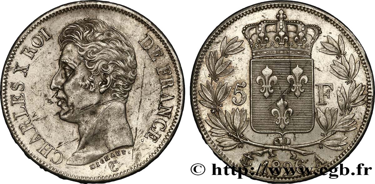 5 francs Charles X, 1er type 1826 Paris F.310/15 AU54 