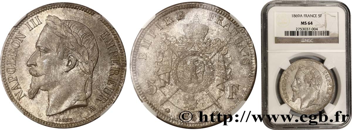 5 francs Napoléon III, tête laurée 1869 Paris F.331/14 SPL64 NGC