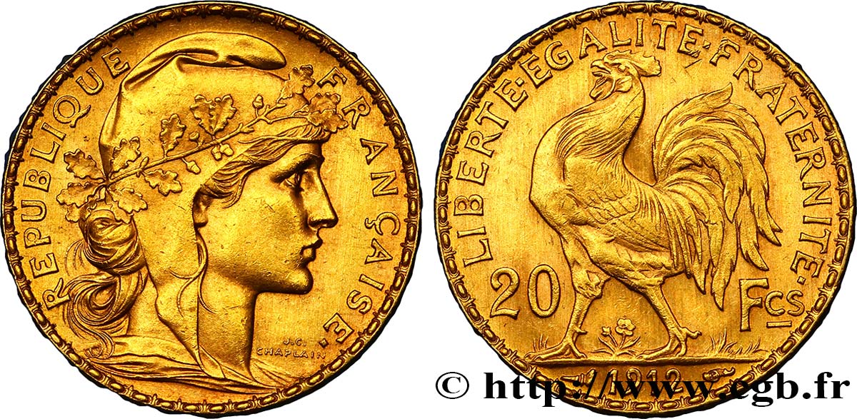 20 francs or Coq, Liberté Égalité Fraternité 1912 Paris F.535/6 VZ55 