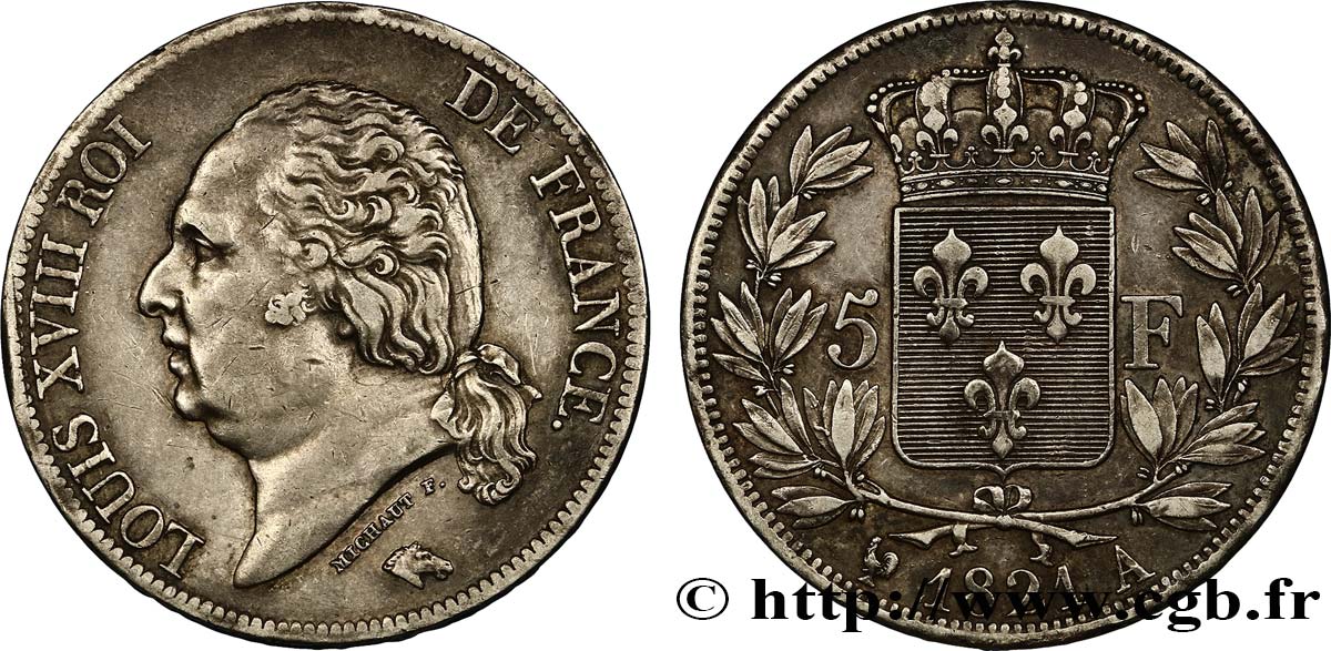 5 francs Louis XVIII, tête nue 1821 Paris F.309/60 MBC52 