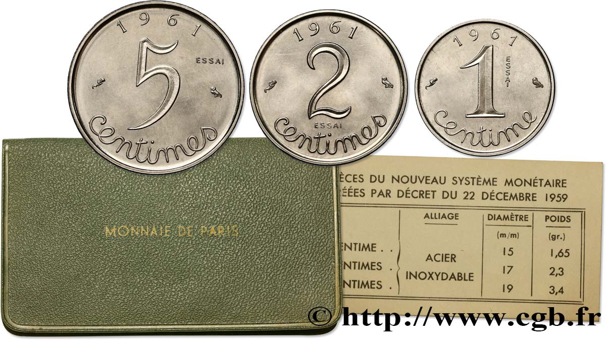 Série de trois essais de 1, 2 et 5 centimes acier, type Épi 1961 Paris F.106/3 MS63 