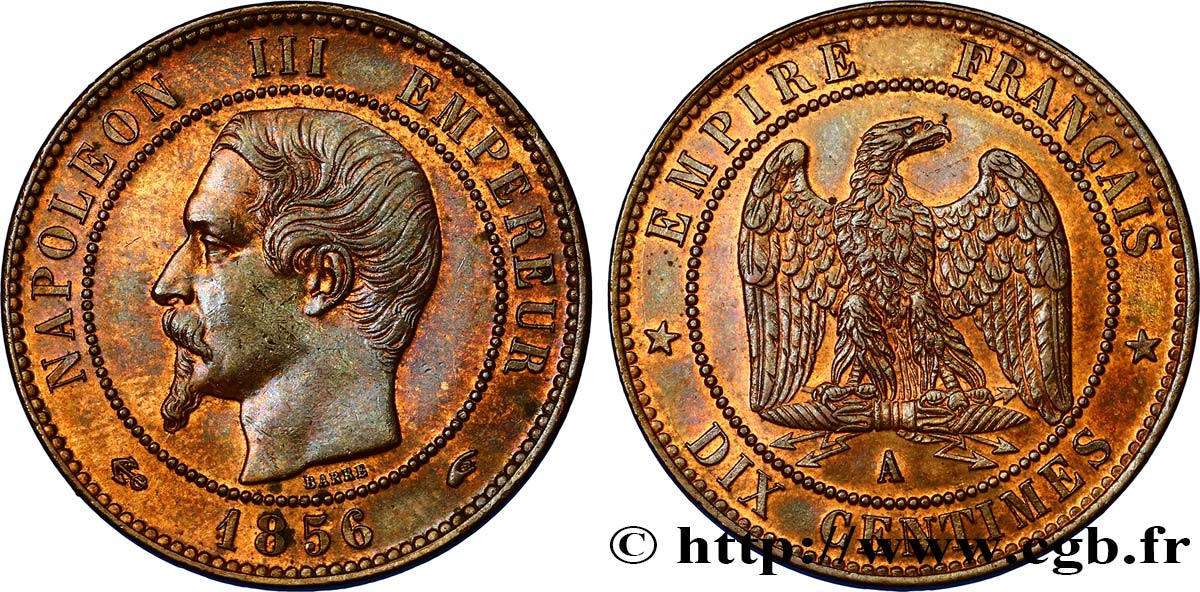 Dix centimes Napoléon III, tête nue 1856 Paris F.133/34 MS60 