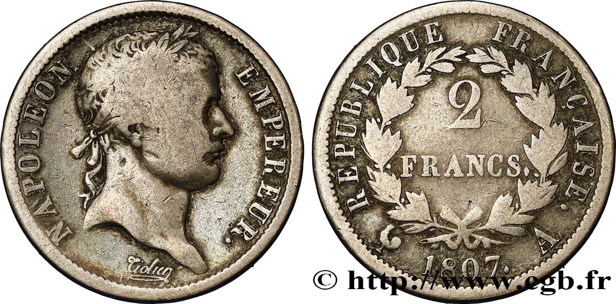 2 francs Napoléon Ier tête laurée, République française 1807 Paris F.254/2 F12 