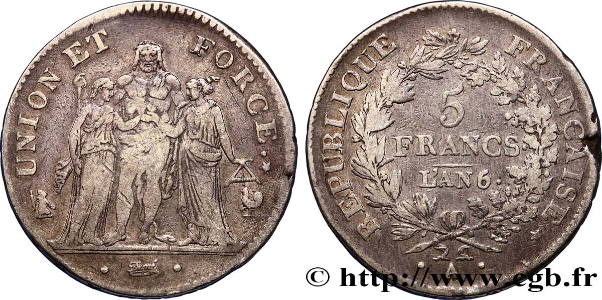 5 francs Union et Force, Union desserré, avec glands intérieurs et gland extérieur 1797 Paris F.291/17 TB35 