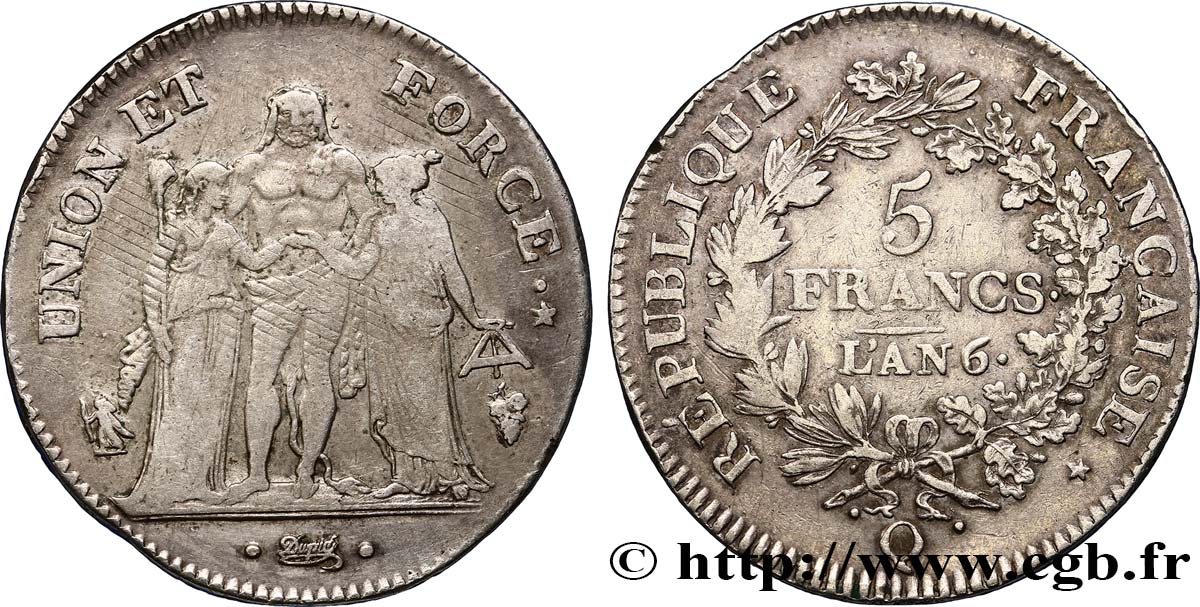 5 francs Union et Force, Union serré, seulement gland extérieur 1798 Perpignan F.288/79 TB35 