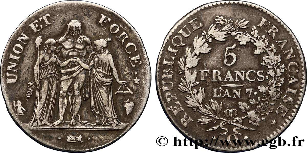 5 francs Union et Force, Union serré, seulement gland extérieur, petite feuille 1799 Perpignan F.288/122 TTB48 