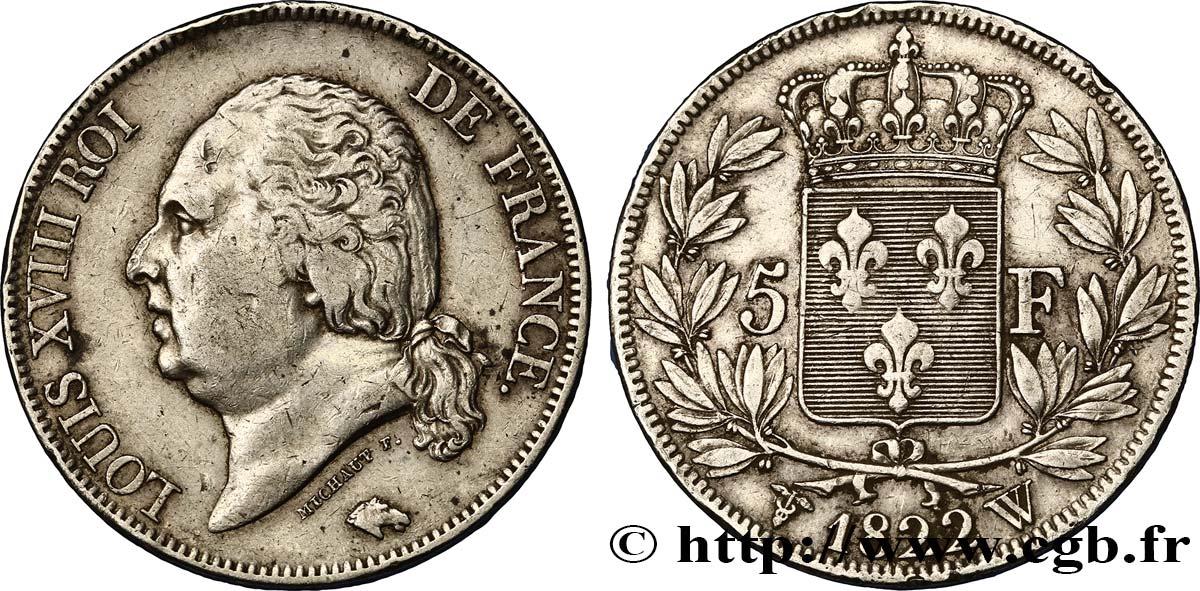 5 francs Louis XVIII, tête nue 1822 Lille F.309/75 TTB45 
