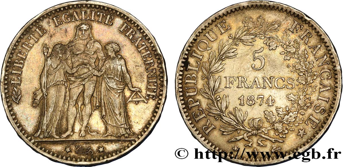 5 francs Hercule 1874 Paris F.334/12 VZ58 