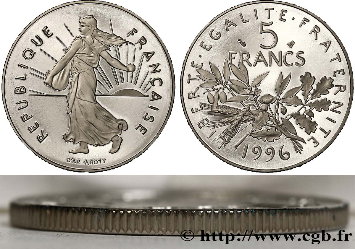 5 francs Semeuse, nickel, BE (Belle Épreuve), tranche striée 1996 Pessac F.341/32 var. MS68 