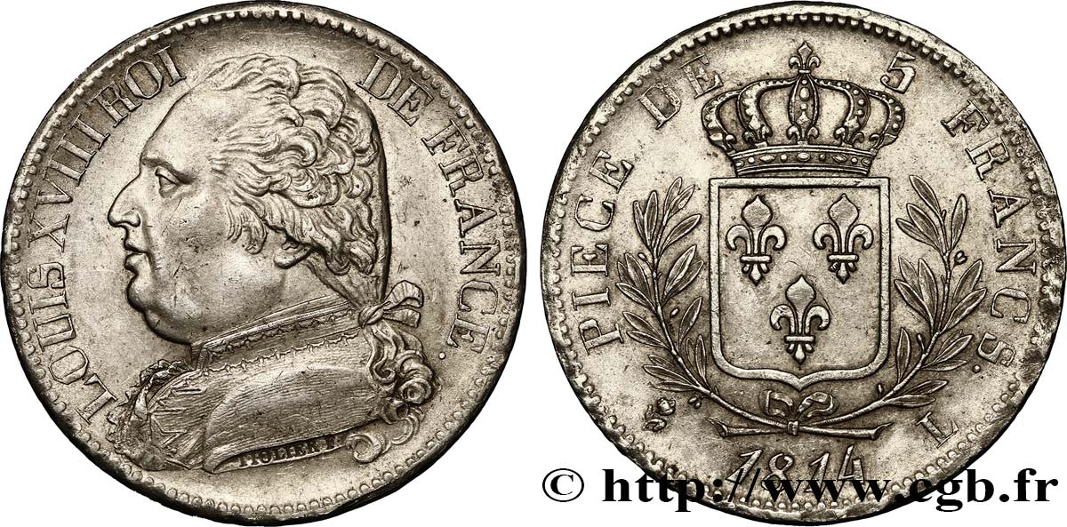 5 francs Louis XVIII, buste habillé 1814 Bayonne F.308/8 VZ55 