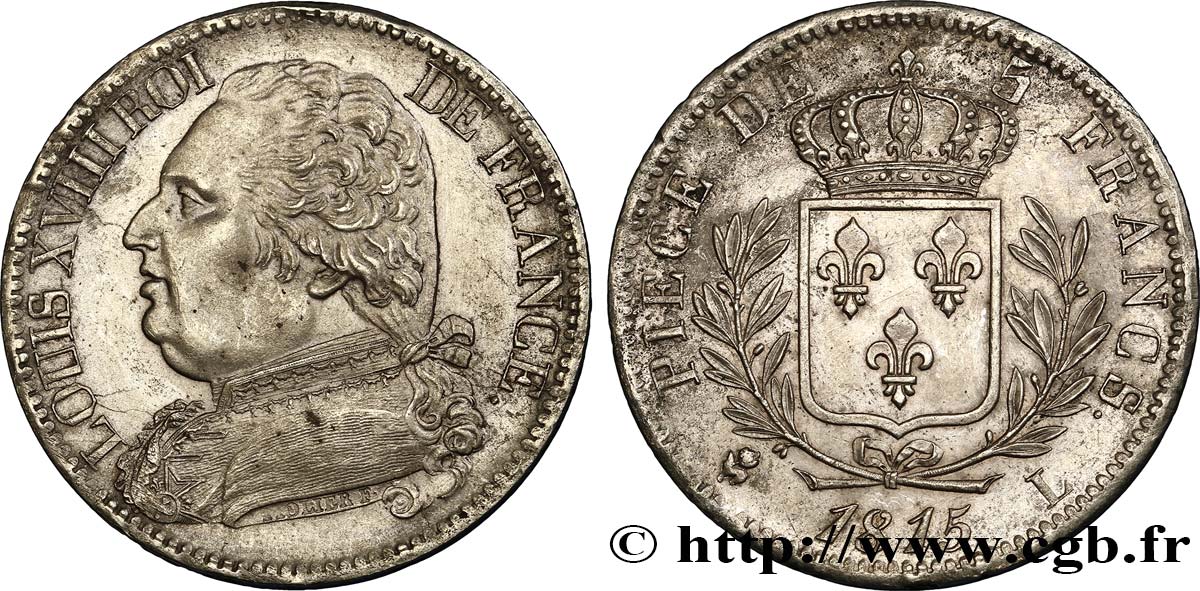 5 francs Louis XVIII, buste habillé 1815 Bayonne F.308/23 EBC55 