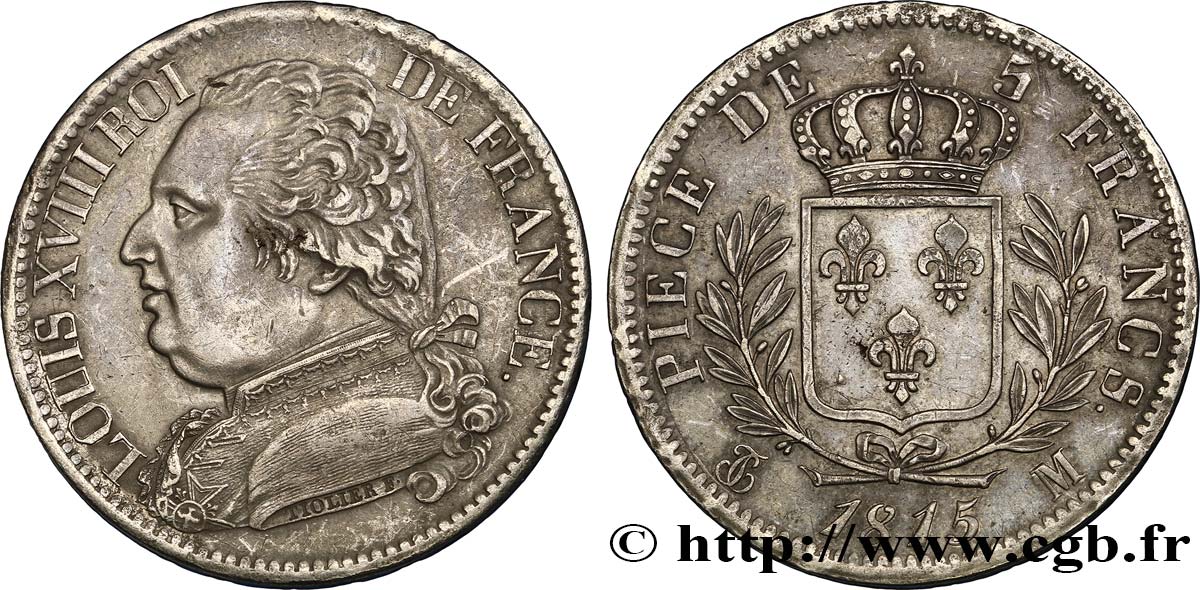 5 francs Louis XVIII, buste habillé 1815 Toulouse F.308/25 AU50 