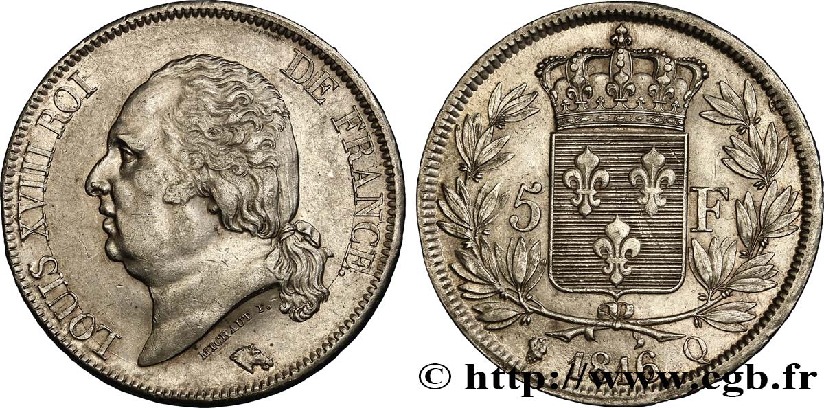 5 francs Louis XVIII, tête nue 1816 Perpignan F.309/11 AU52 
