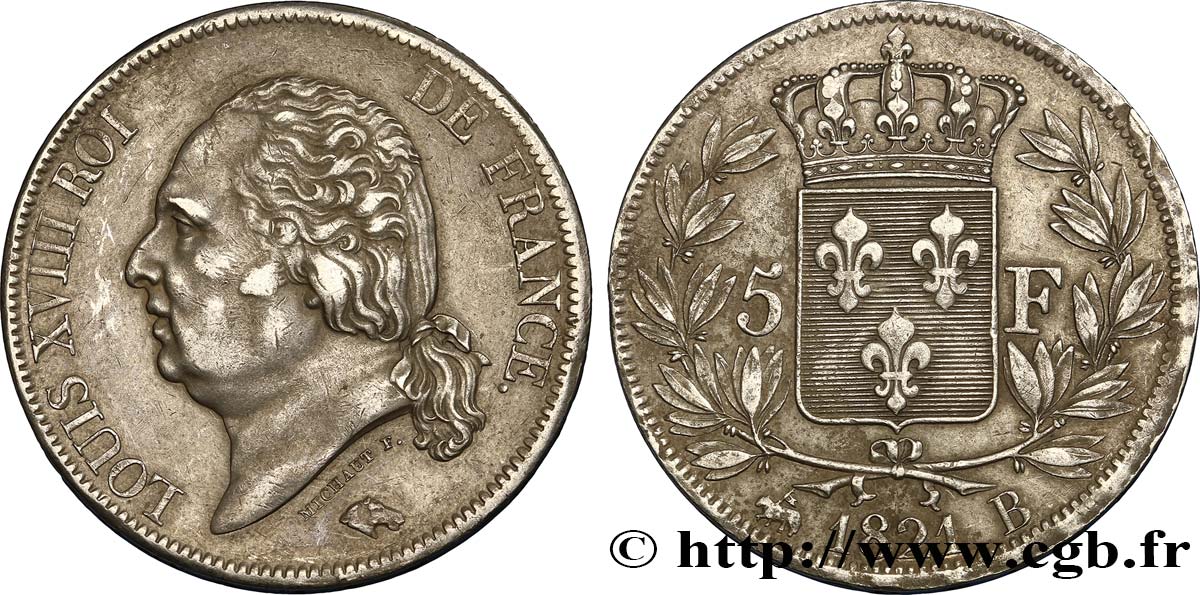 5 francs Louis XVIII, tête nue 1821 Rouen F.309/61 XF48 