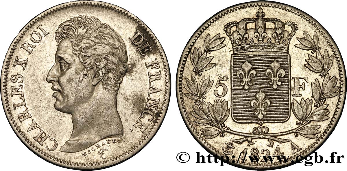 5 francs Charles X, 1er type 1824 Paris F.310/1 XF45 