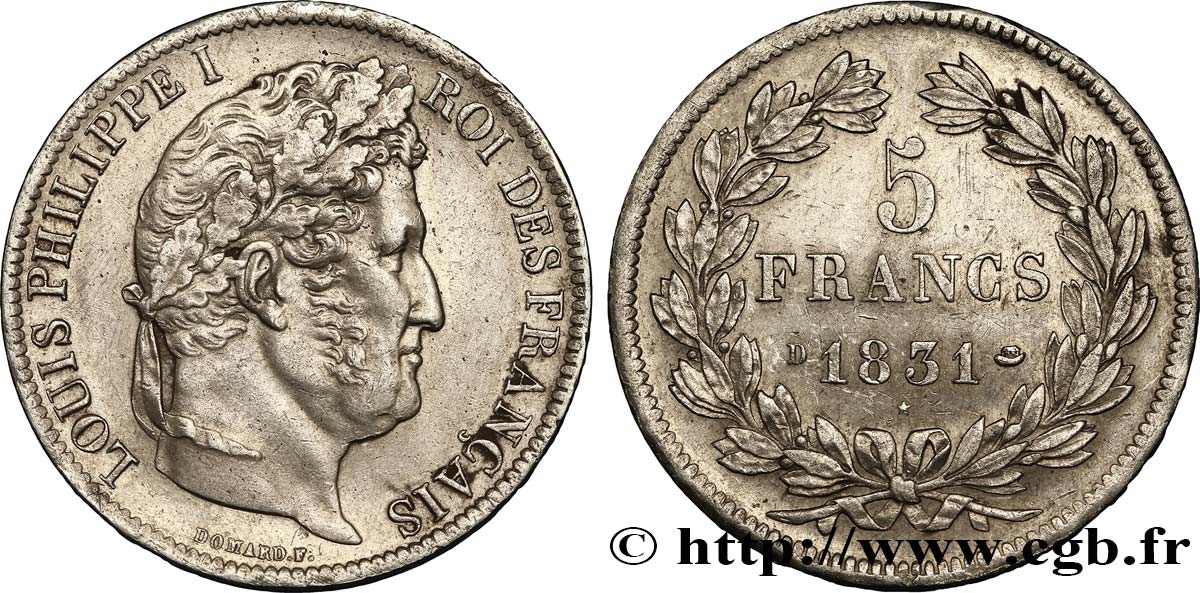 5 francs Ier type Domard, tranche en creux 1831 Lyon F.319/2 TTB45 