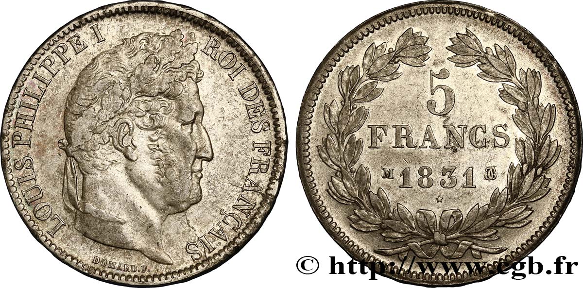 5 francs Ier type Domard, tranche en relief 1831 Toulouse F.320/9 XF45 