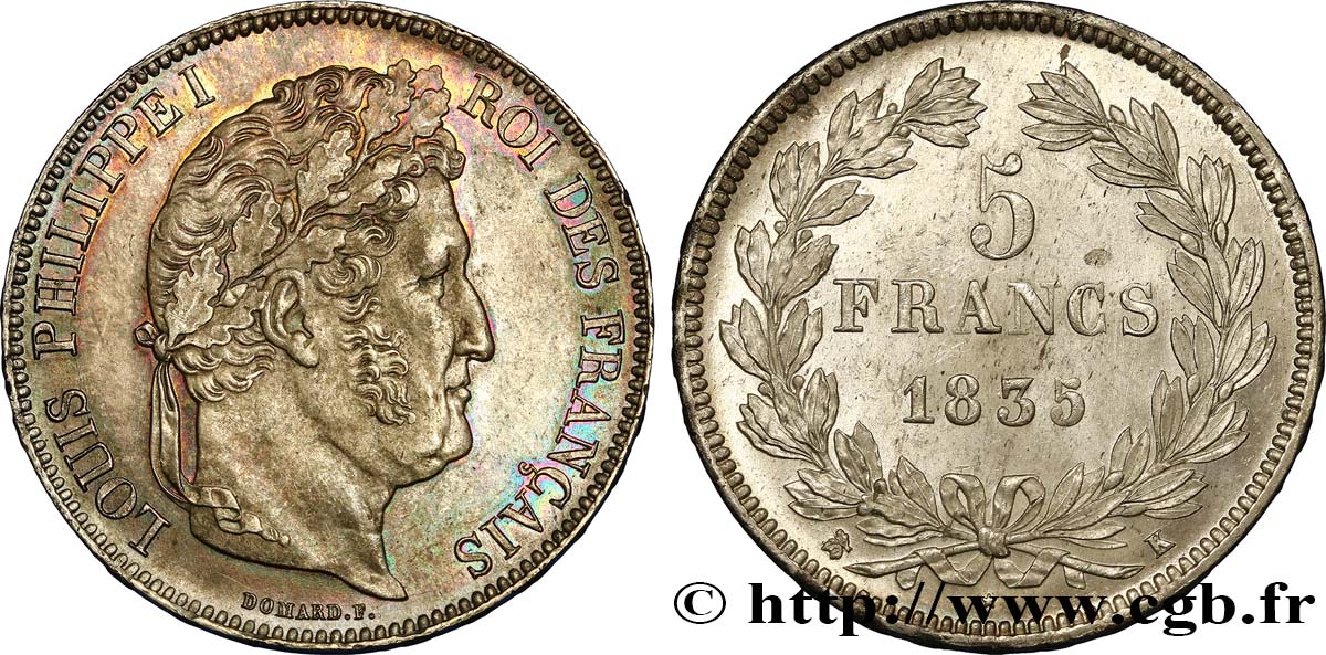 5 francs IIe type Domard 1835 Bordeaux F.324/48 MS60 