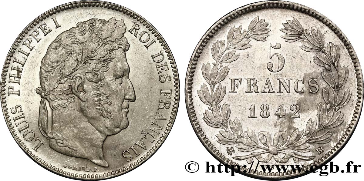 5 francs IIe type Domard 1842 Strasbourg F.324/97 SUP58 