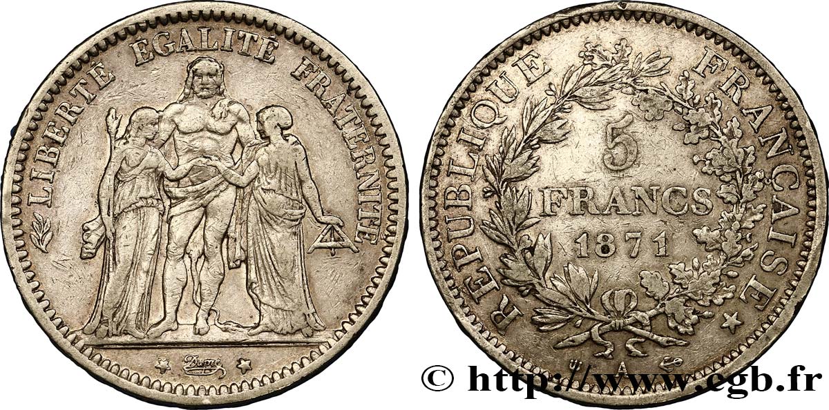 5 francs Hercule, dite “Camélinat” 1871 Paris F.334/4 VF30 
