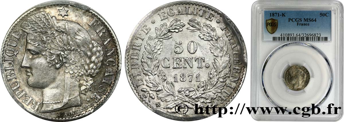 50 centimes Cérès, IIIe République 1871 Bordeaux F.189/2 SC64 PCGS