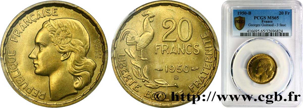 20 francs Georges Guiraud, 3 faucilles 1950 Beaumont-Le-Roger F.401/2 FDC65 PCGS