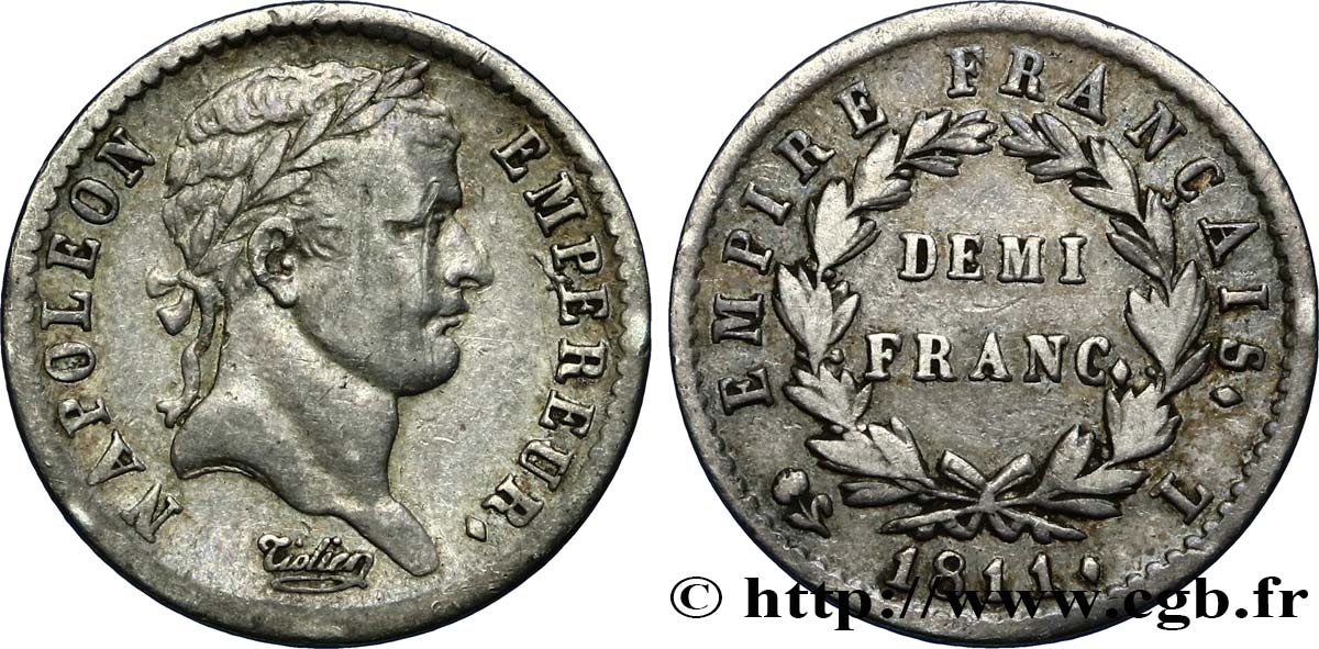 Demi-franc Napoléon Ier tête laurée, Empire français 1811 Bayonne F.178/28 MBC40 