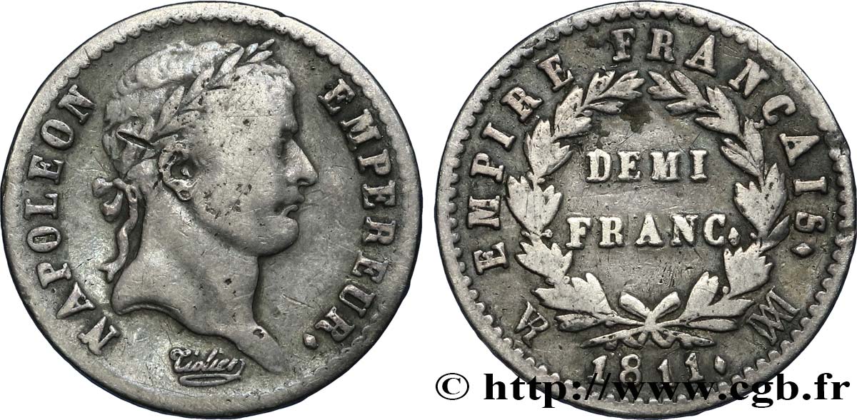 Demi-franc Napoléon Ier tête laurée, Empire français 1811 Marseille F.178/30 S35 