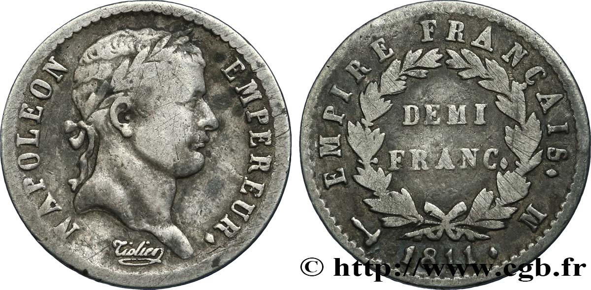 Demi-franc Napoléon Ier tête laurée, Empire français 1811 Toulouse F.178/29 BC29 