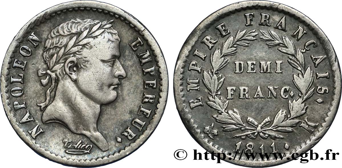 Demi-franc Napoléon Ier tête laurée, Empire français 1811 Bordeaux F.178/27 SS48 