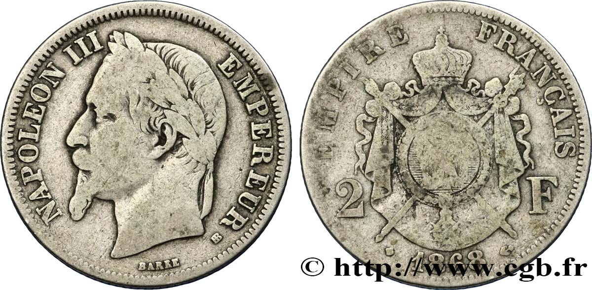 2 francs Napoléon III, tête laurée 1868 Strasbourg F.263/9 VG8 