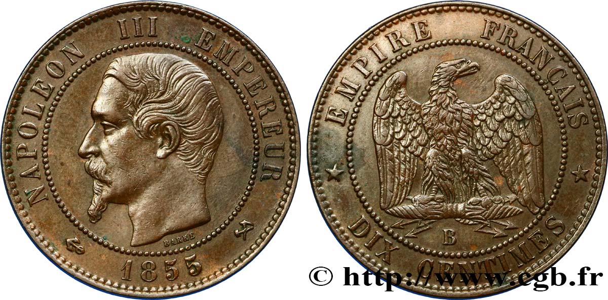 Dix centimes Napoléon III, tête nue 1855 Rouen F.133/22 EBC55 