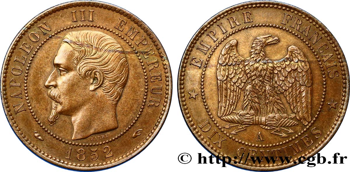 Dix centimes Napoléon III, tête nue 1852 Paris F.133/1 VZ60 