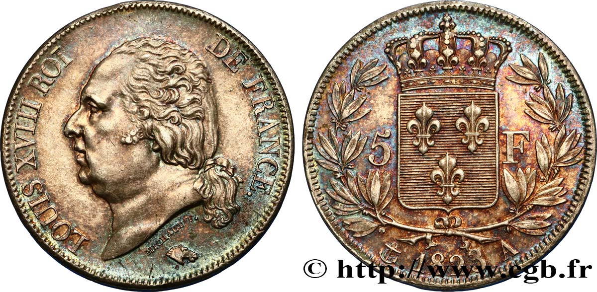 5 francs Louis XVIII, tête nue 1823 Paris F.309/76 AU58 