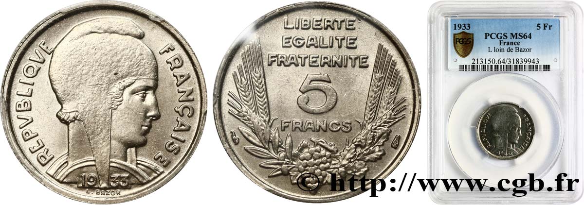 5 francs Bazor 1933  F.335/2 fST64 PCGS