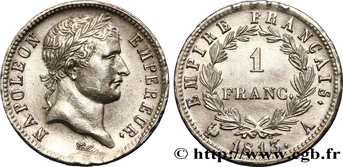 1 franc Napoléon Ier tête laurée, Empire français 1813 Paris F.205/58 SPL+ 