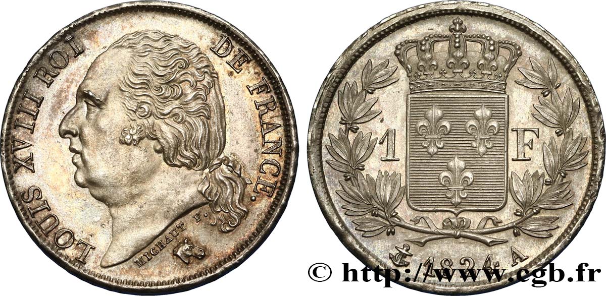 1 franc Louis XVIII 1824 Paris F.206/56 MS62 