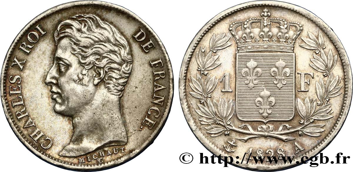 1 franc Charles X, matrice du revers à cinq feuilles 1828 Paris F.207/37 TTB50 
