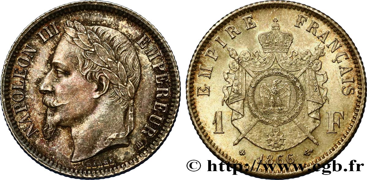 1 franc Napoléon III, tête laurée 1866 Strasbourg F.215/4 SPL62 