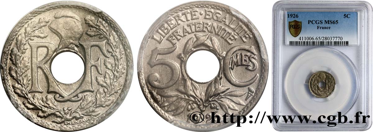 5 centimes Lindauer, petit module 1926  F.122/11 FDC65 PCGS