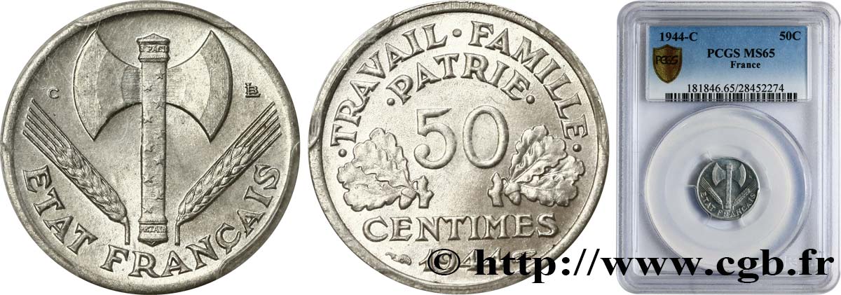 50 centimes Francisque, légère 1944 Castelsarrasin F.196/6 ST65 PCGS