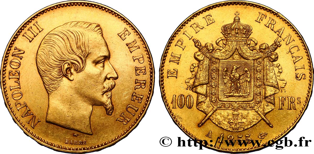 100 francs or Napoléon III, tête nue 1855 Paris F.550/1 TTB50 