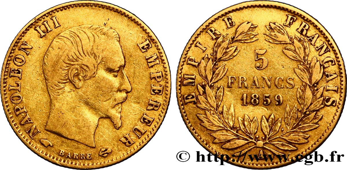 5 francs or Napoléon III, tête nue, grand module 1859 Paris F.501/7 TTB40 