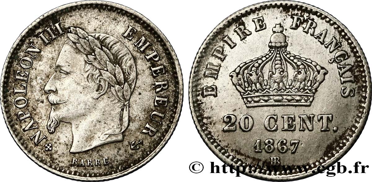 20 centimes Napoléon III, tête laurée, grand module 1867 Strasbourg F.150/2 BB50 