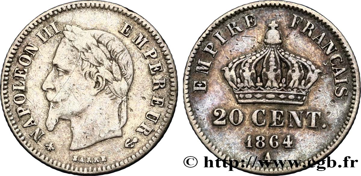 20 centimes Napoléon III, tête laurée, petit module 1864 Paris F.149/1 VF25 