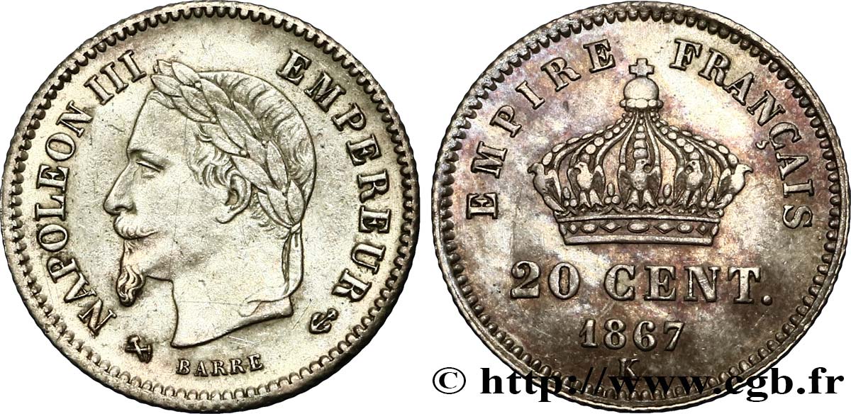 20 centimes Napoléon III, tête laurée, grand module 1867 Bordeaux F.150/3 MBC45 