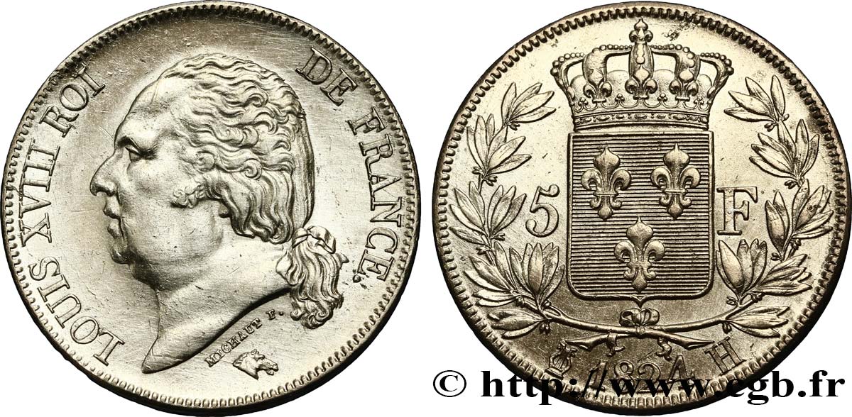 5 francs Louis XVIII, tête nue 1824 La Rochelle F.309/91 AU58 