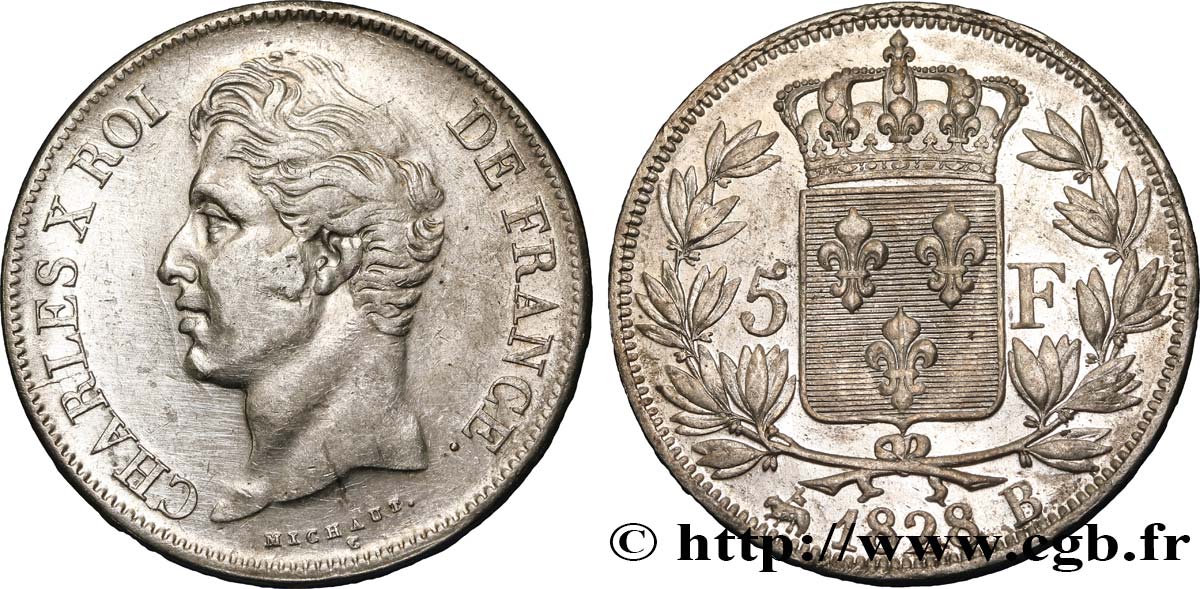 5 francs Charles X, 2e type 1828 Rouen F.311/15 XF48 