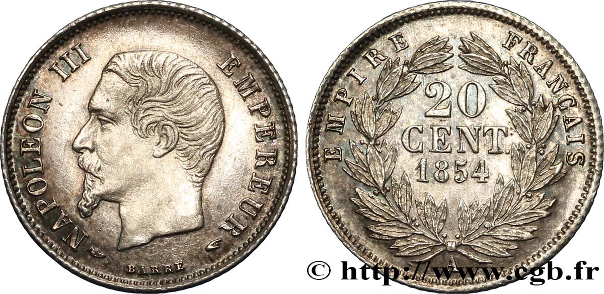 20 centimes Napoléon III, tête nue 1854 Paris F.148/2 VZ58 