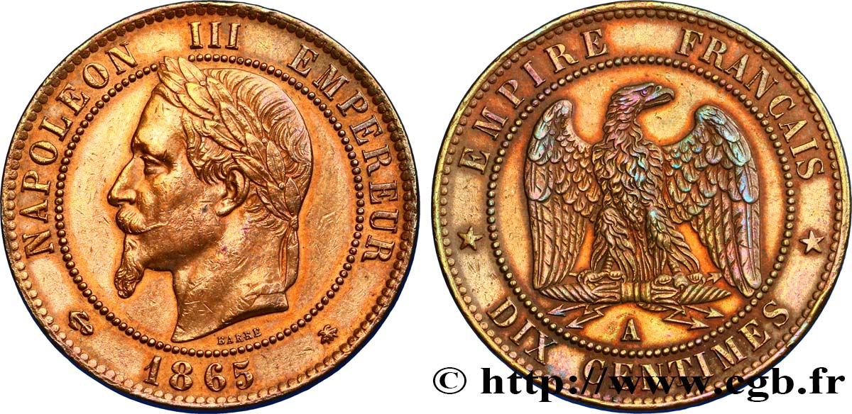 Dix centimes Napoléon III, tête laurée 1865 Paris F.134/16 AU52 